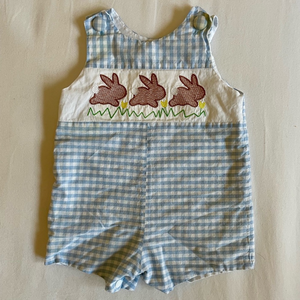 smocked easter bunny jon jon overalls blue gingham